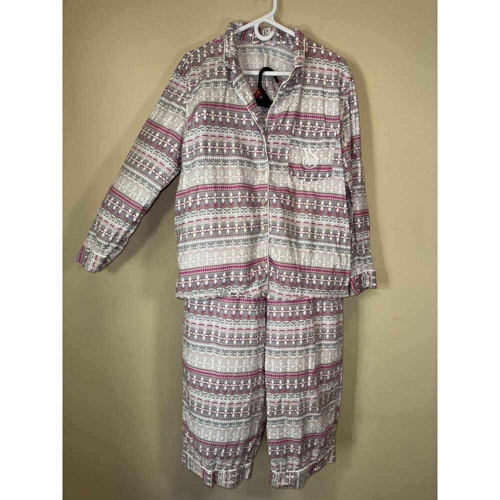 Victoria’s Secret Pajama Set L Lightweight Flannel Cotton Gray Pink Fair Isle